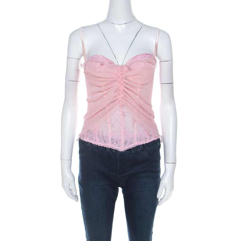 

Ermanno Scervino Pink Pleated Silk Frayed Detail Ruffled Corset Top