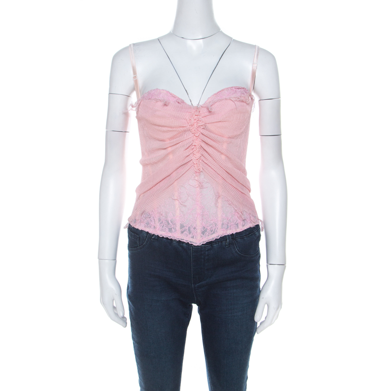 Ermanno scervino pink pleated silk frayed detail ruffled corset top m