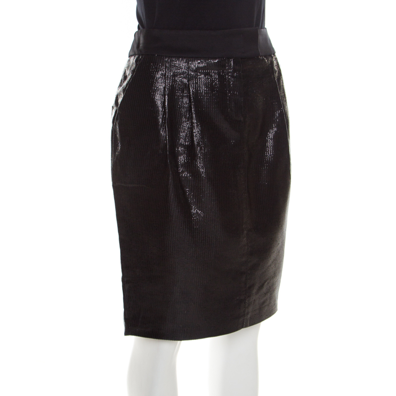 Escada Metallic Black Satin Trim Tailored Skirt L