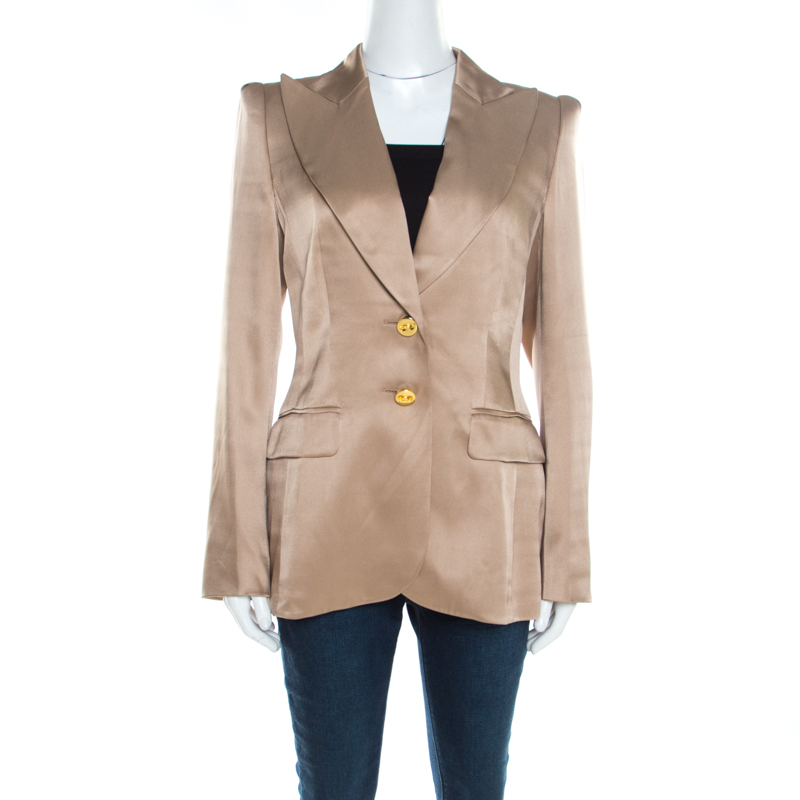 Image of Escada Beige Silk Satin Gold Button Detail Tailored Blazer M