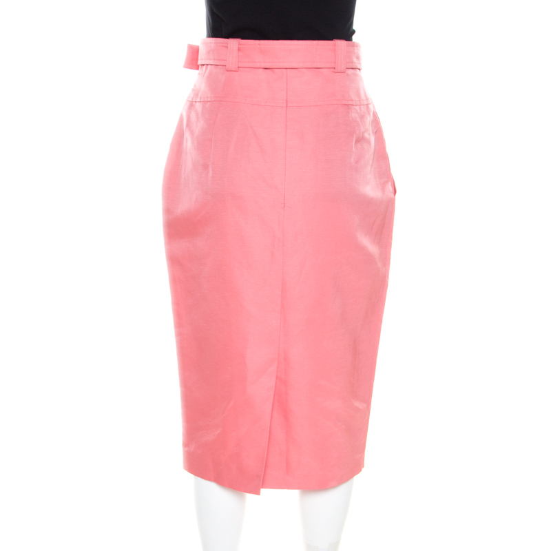 Escada Pink Slub Linen And Silk Logo Belt Detail High Waist Skirt M