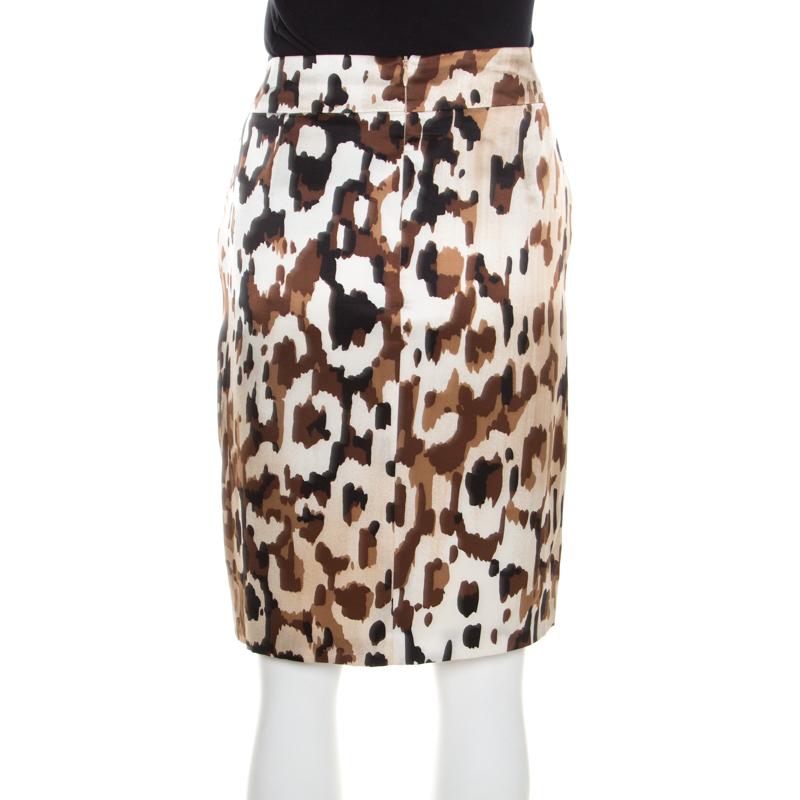 Escada Brown Abstract Camouflage Printed Silk Satin Skirt M