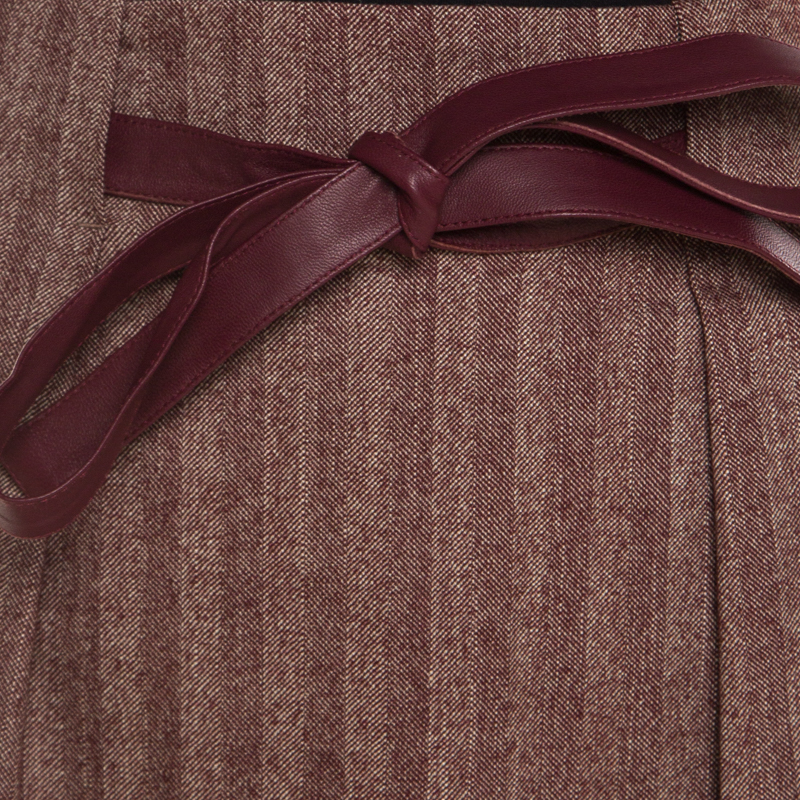 Escada Burgundy Herringbone Wool And Silk Knotted Leather Belt Detail Skirt M
