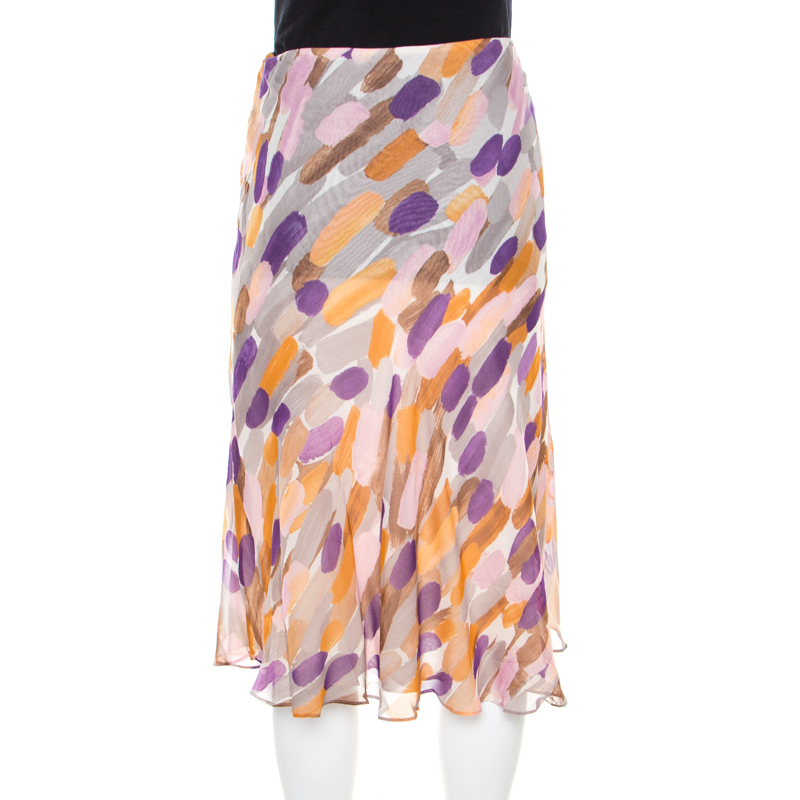 Escada Multicolor Brush Stroke Printed Silk Chiffon A Line Skirt M