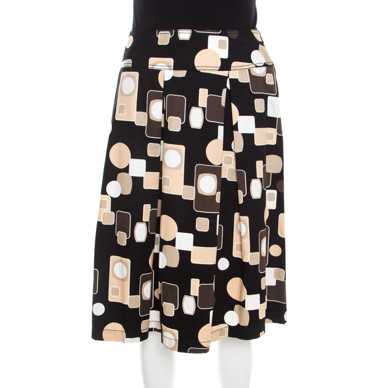 Image of Escada Black Geometric Print Cotton Pleated Skirt L