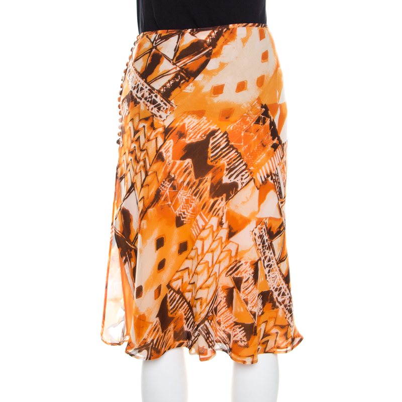 Escada Orange Abstract Print Silk Georgette A Line Skirt L