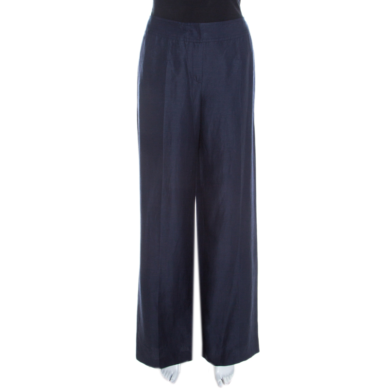 Image of Escada Navy Blue Slub Silk and Linen High Waist Wide Leg Pants M