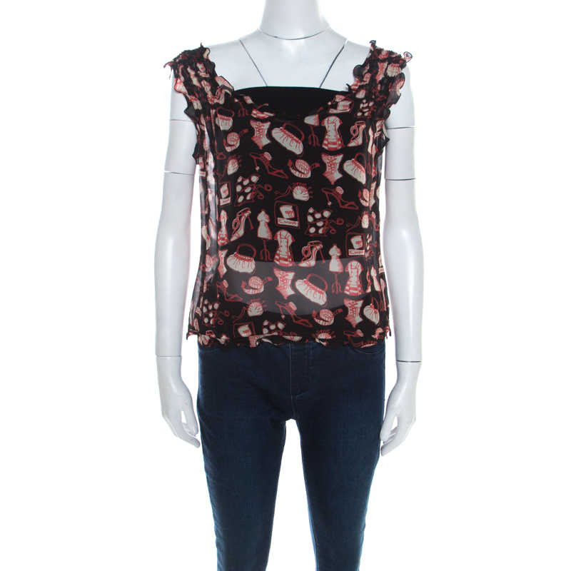 Image of Escada Black Doodle Print Sheer Silk Ruffle Detail Smocked Sleeve Top L