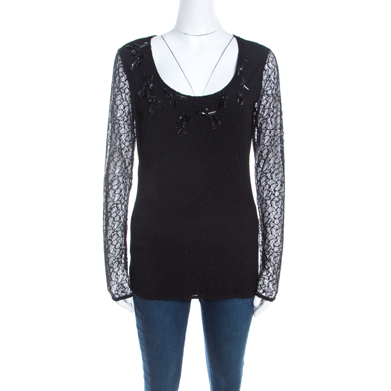 Image of Escada Black Lace Overlay Jersey Crystal Embellished Scoop Neck Erbrou Top XL