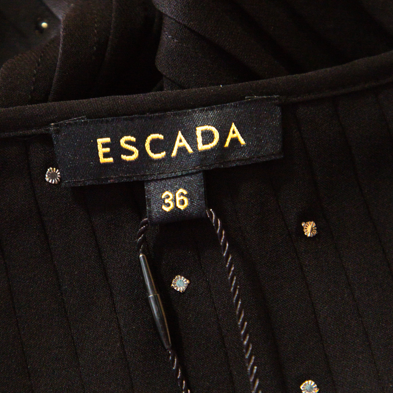 Escada Black Pintucked Pleat Silk Crystal Embellished Long Sleeve Blouse M