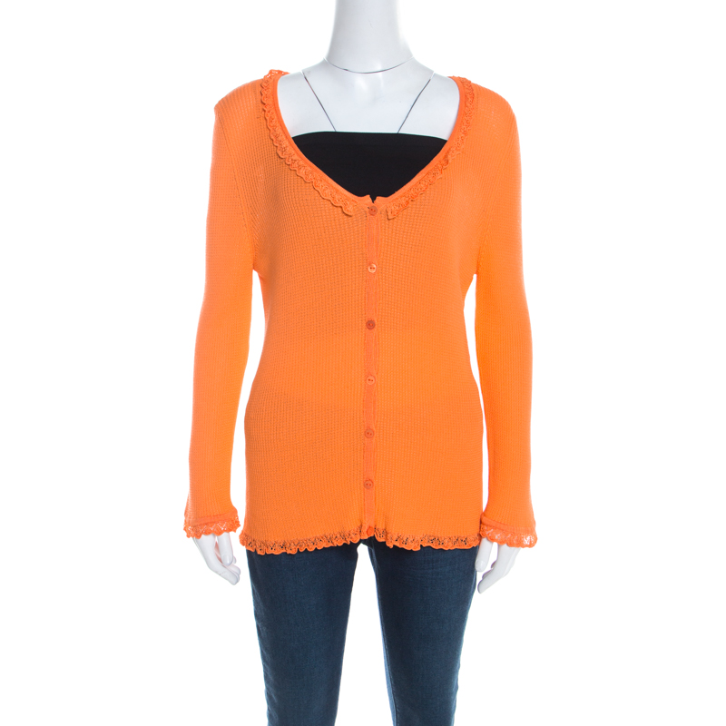 Escada Orange Rib Knit Crochet Trim Button Front Cardigan L