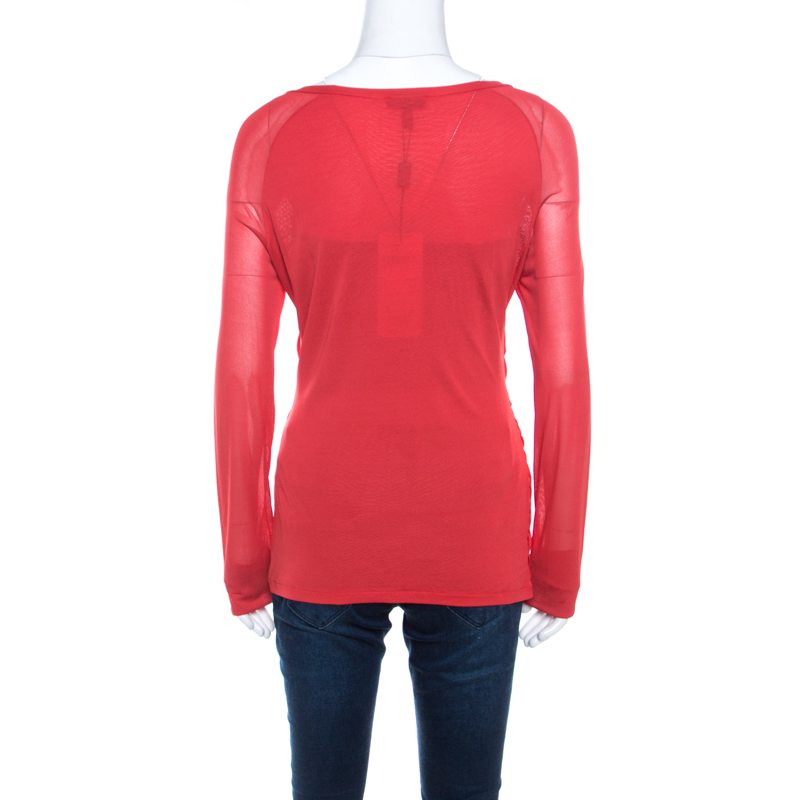 Escada Red Knit Ruched Crossover Front Long Sleeve Top L