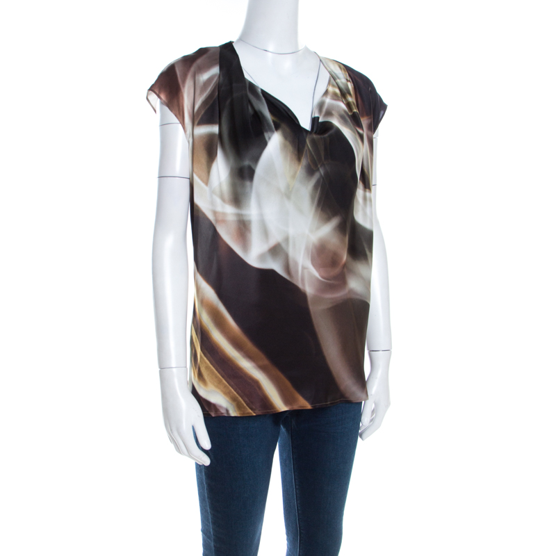 

Escada Abstract Fantasy Printed Silk Satin Cowl Neck Sleeveless Top M, Multicolor