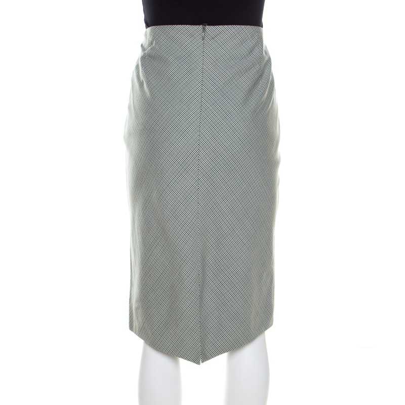 Escada Green And White Mini Houndstooth Pattern Wool Rowena Pencil Skirt L