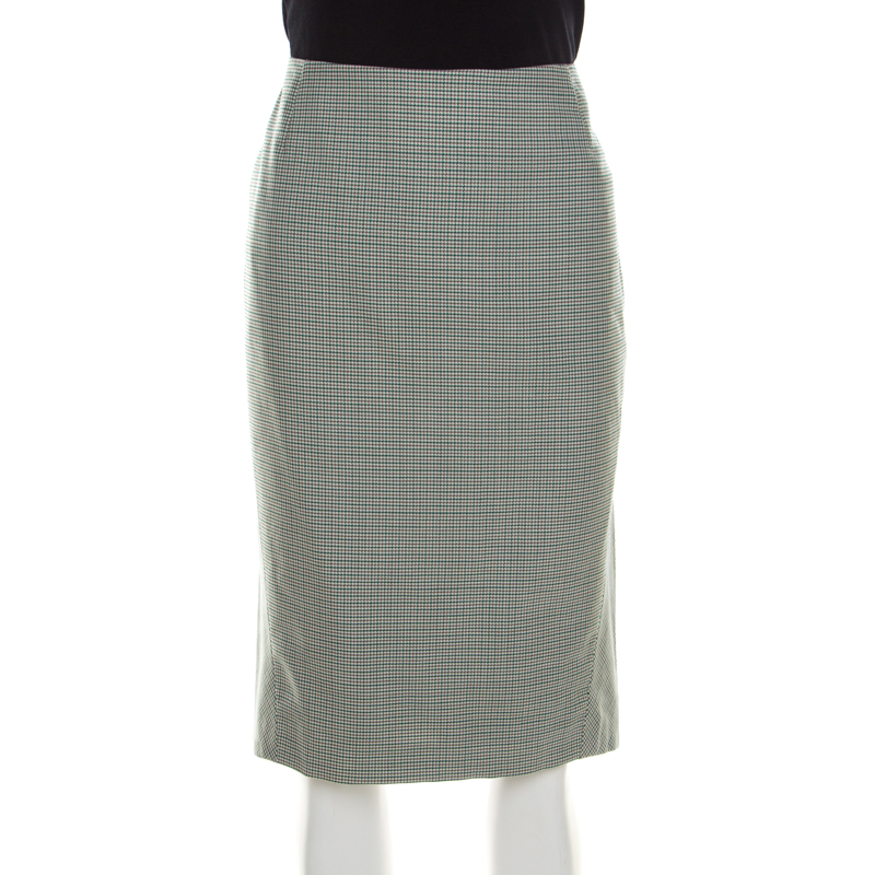 

Escada Green and White Mini Houndstooth Pattern Wool Rowena Pencil Skirt