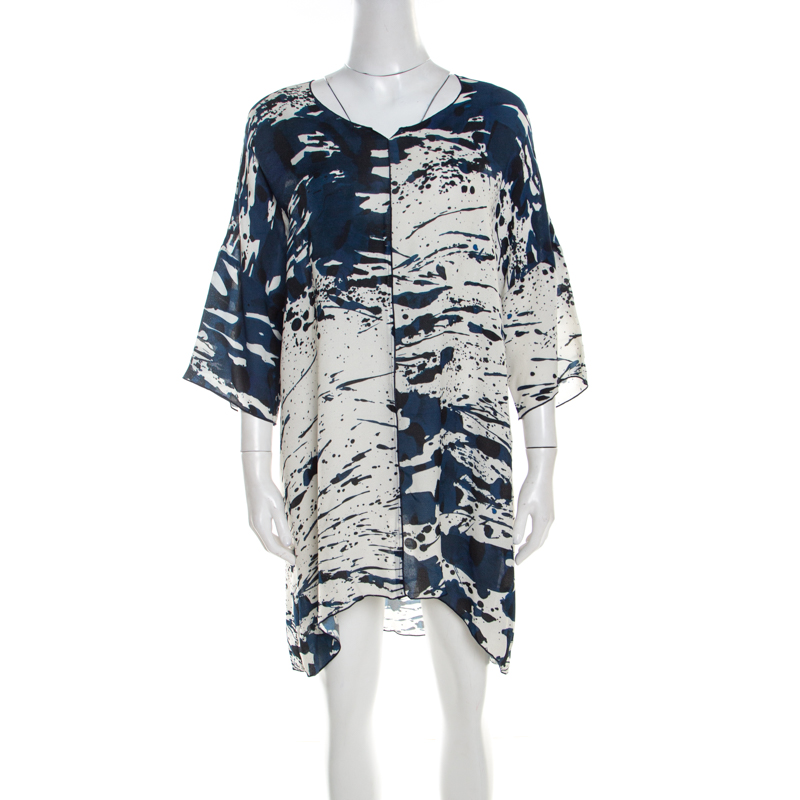 Escada blue fantasy print silk asymmetric hem oversized nurdan tunic m