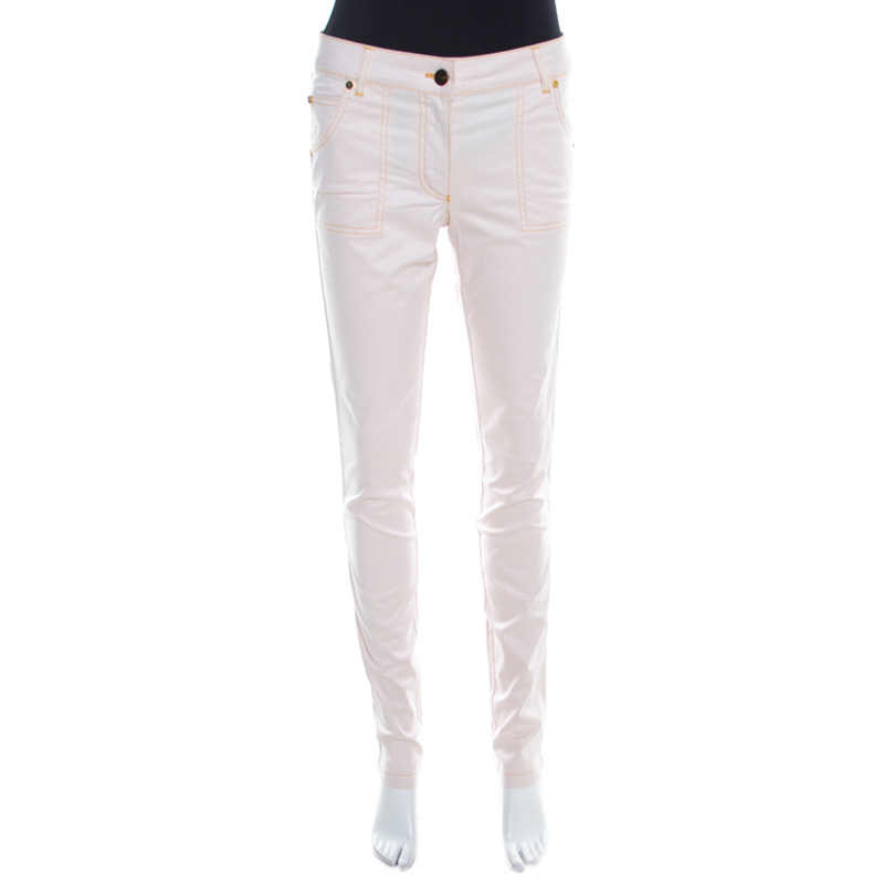 

Escada Pale Beige Denim Contrast Topstitch Detail Tapered Jeans