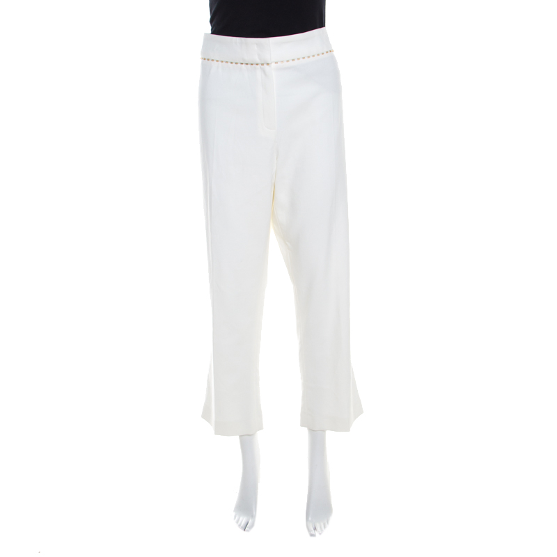 Escada White Stretch Cotton Embellished Waist Detail Cropped Tonikka Pants XL
