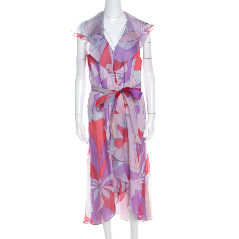 Image of Escada Multicolor Abstract Print Silk Ruffled Sleeveless Dress L