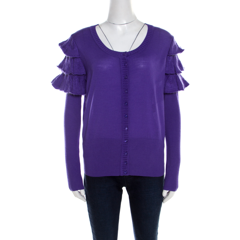 Escada Purple Mohair Wool Ruffle Tiered Detail Button Front Cardigan L