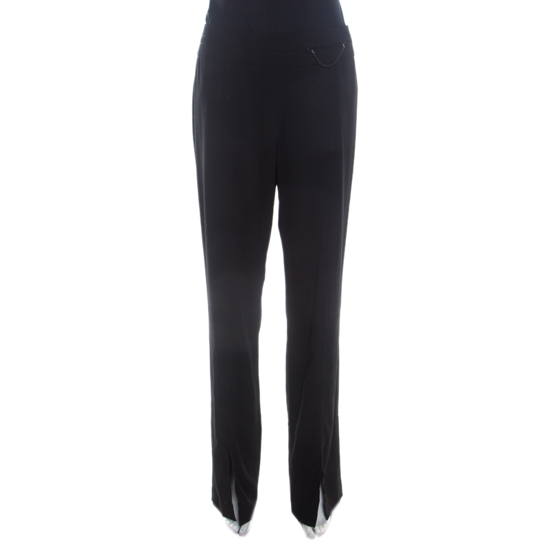 Escada black stretch wool crepe high waist slit detail trousers l