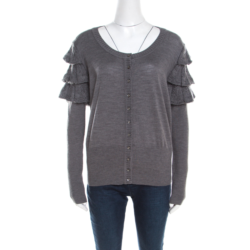 

Escada Grey Wool and Mohair Ruffled Sleeve Detail Button Front Cardigan