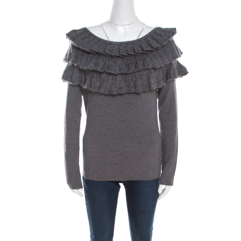 Escada Grey Wool And Mohair Ruffled Bodice Detail Long Sleeve Sweater L