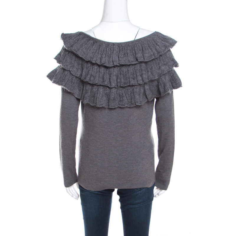 Escada Grey Wool And Mohair Ruffled Bodice Detail Long Sleeve Sweater L