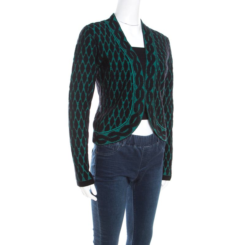 Escada Black And Green Jacquard Knit Open Front Sayakah Cardigan S