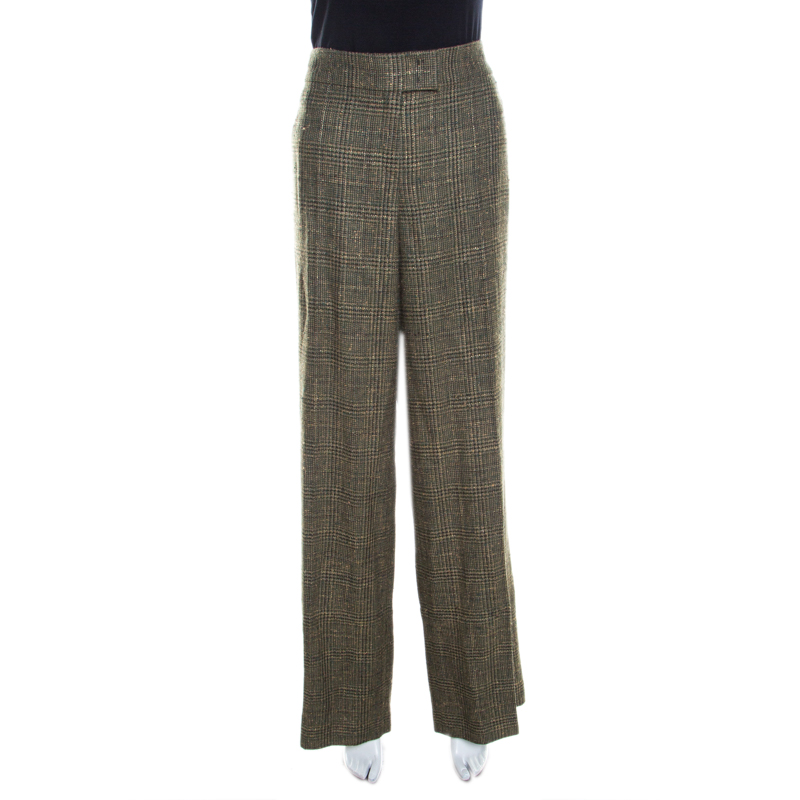 Image of Escada Green Lurex Insert Wool Blend Wide Leg Hose Tailored Trousers L