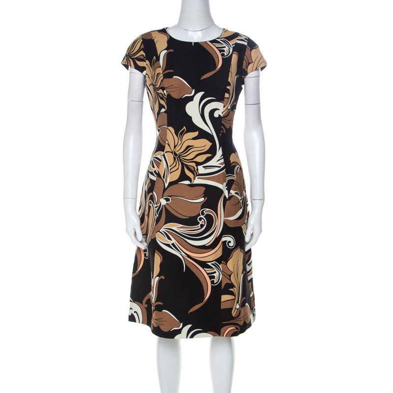 Image of Escada Black and Brown Floral Printed Silk and Wool Blend A Line Dress M