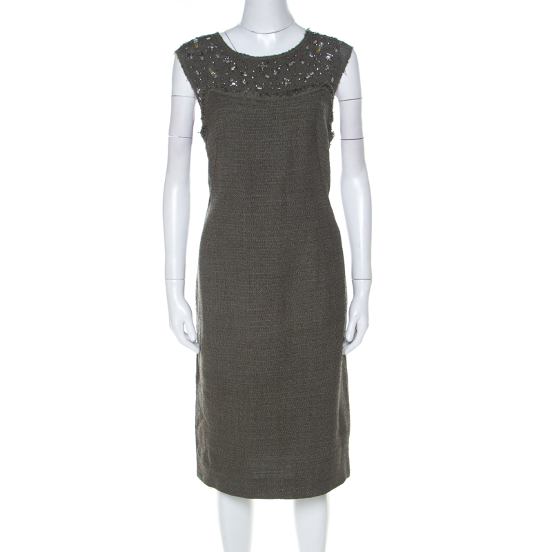 

Escada Olive Green Tweed Embellished Delrose Sleeveless Dress
