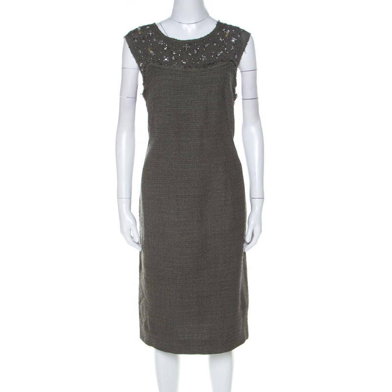 Escada Olive Green Tweed Embellished Delrose Sleeveless Dress M