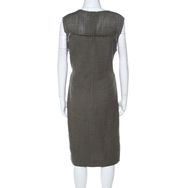 Escada Olive Green Tweed Embellished Delrose Sleeveless Dress M