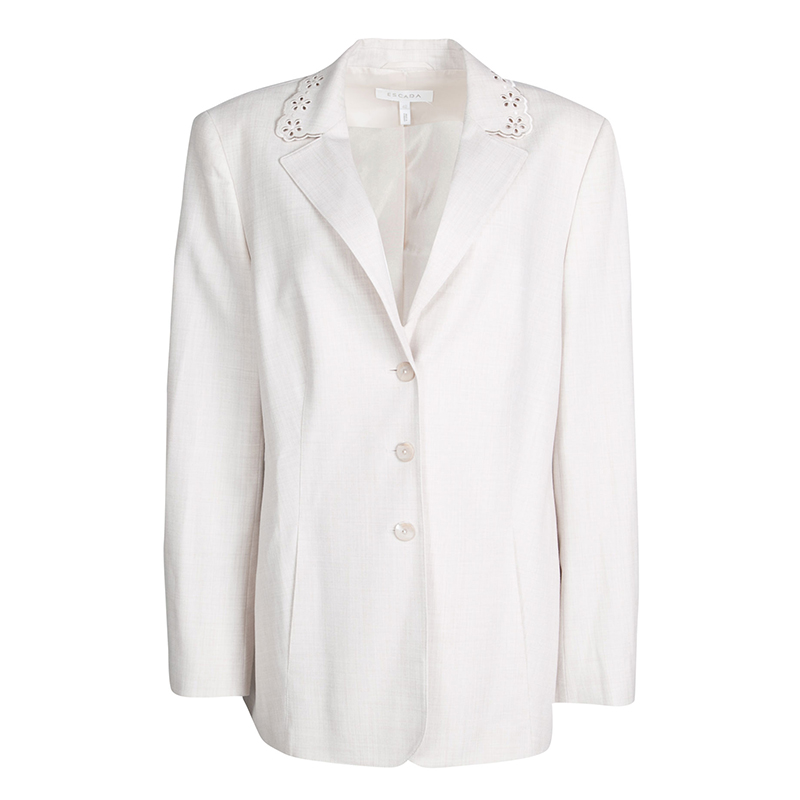 Image of Escada Beige Wool Eyelet Collar Blazer and Skirt Set M