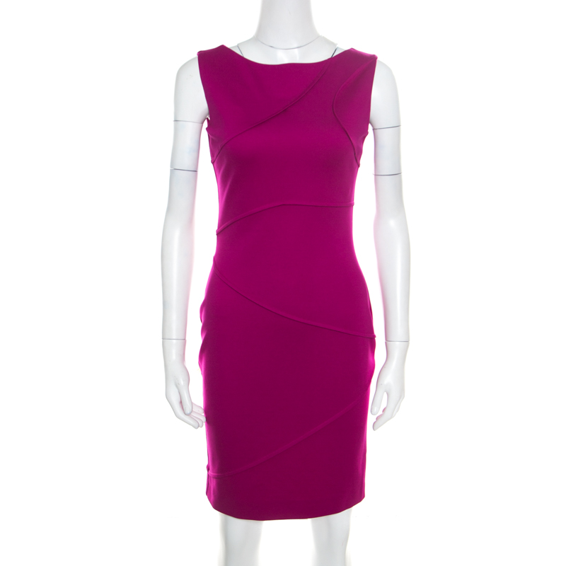Image of Escada Hot Lava Purple Stretch Knit Pintuck Detail Sleeveless Bodycon Dress S