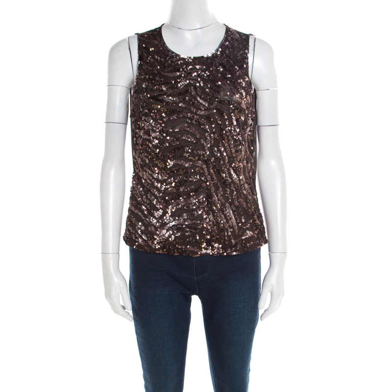 Escada brown sequin embellished nylon mesh sleeveless top l