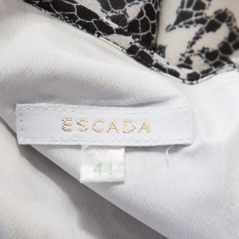 Escada Monochrome Lace Printed Silk Sleeveless Flounce Midi Dress XL