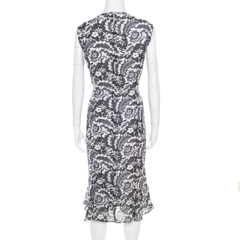 Escada Monochrome Lace Printed Silk Sleeveless Flounce Midi Dress XL