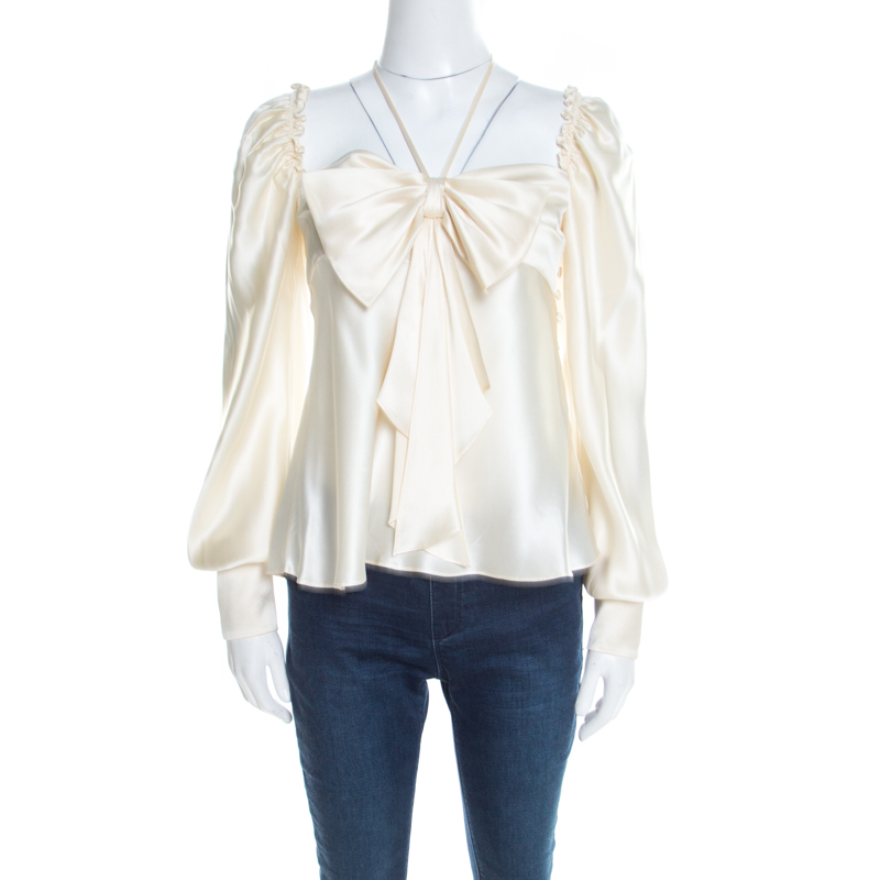 Escada Cream Satin Bow Detail Long Sleeve Blouse M