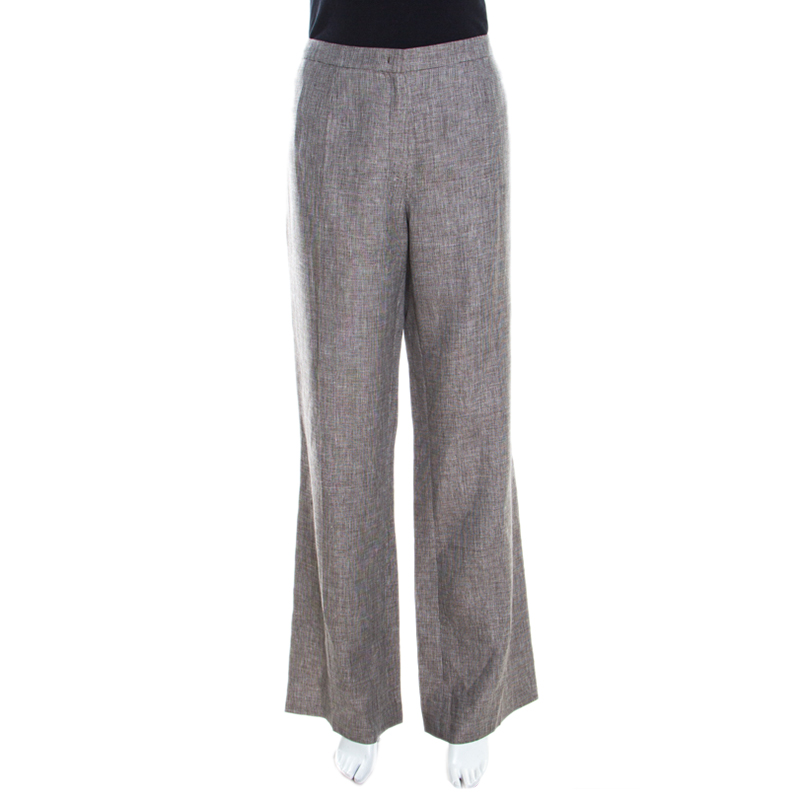 

Escada Brown Basketweave Linen and Wool Wide Leg Hose Trousers