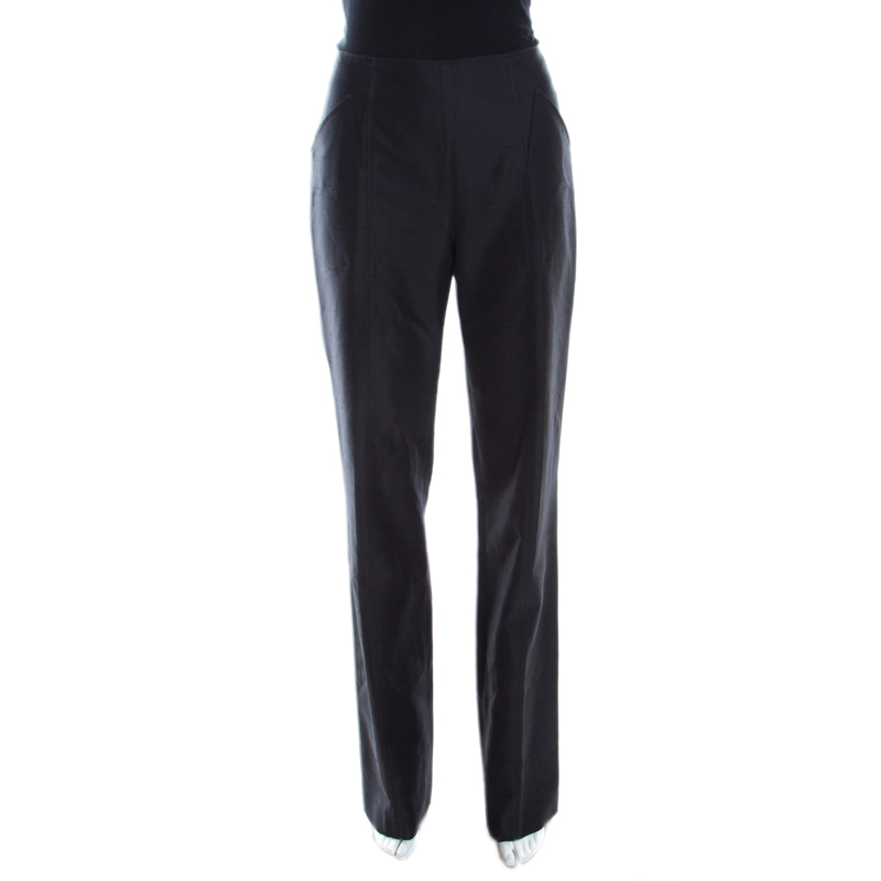 Escada black slub cotton and silk high waist straight leg pants m