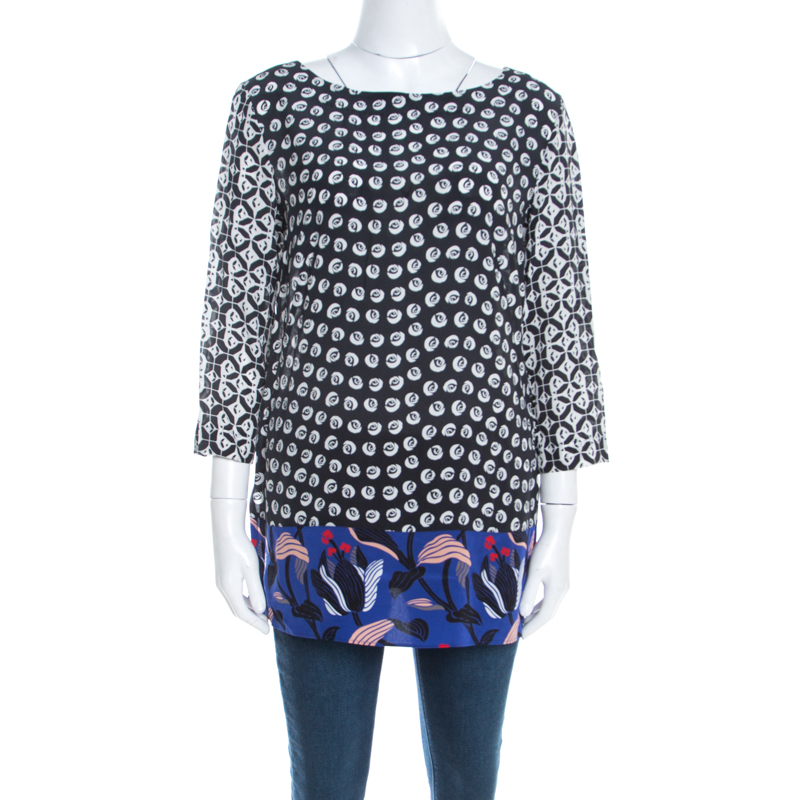 

Escada Black Rose Motif Print Silk Contrast Panel Narayanin Tunic Blouse