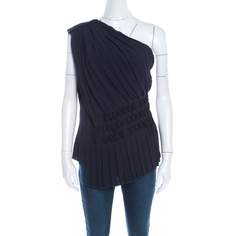 Escada navy blue pleated crepe honeycomb smocking detail one shoulder nienke top m