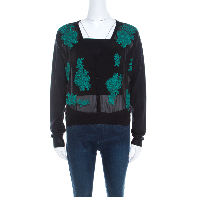 Escada Black Contrast Floral Embroidered Samaya Cropped Cardigan M