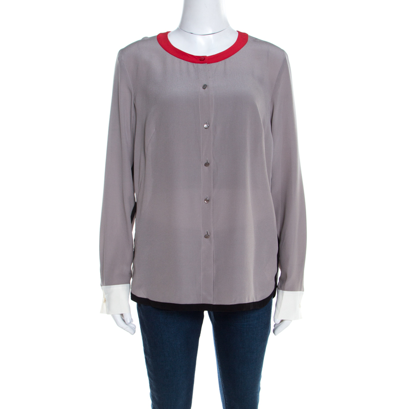 Escada pewter grey silk contrast trim long sleeve nendi blouse m