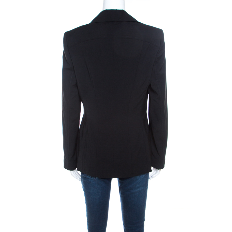 Escada Black Wool Crepe Ruffled Front Buttoned Jacket M