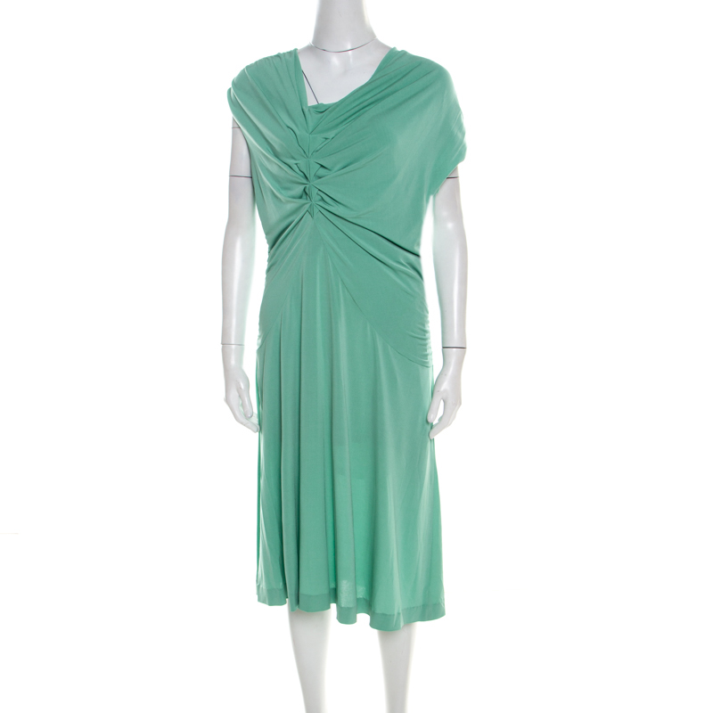 Escada aqua green knit ruched draped front sleeveless dress l