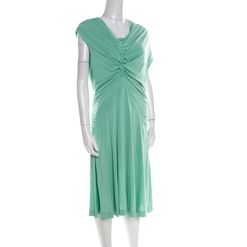 Escada Aqua Green Knit Ruched Draped Front Sleeveless Dress L