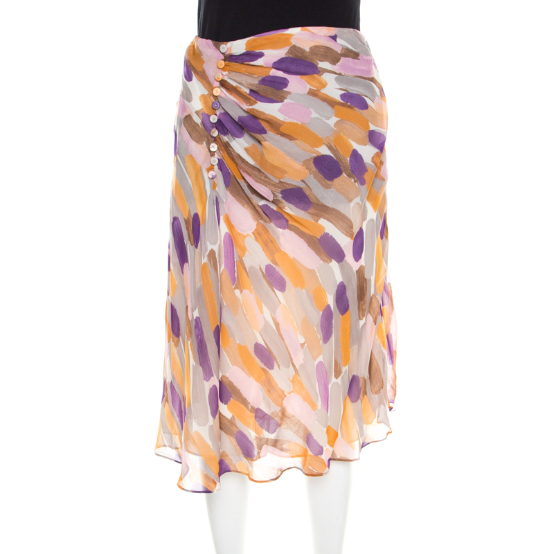 Escada Multicolor Brushstroke Print Silk Ruched Front Flared Skirt M